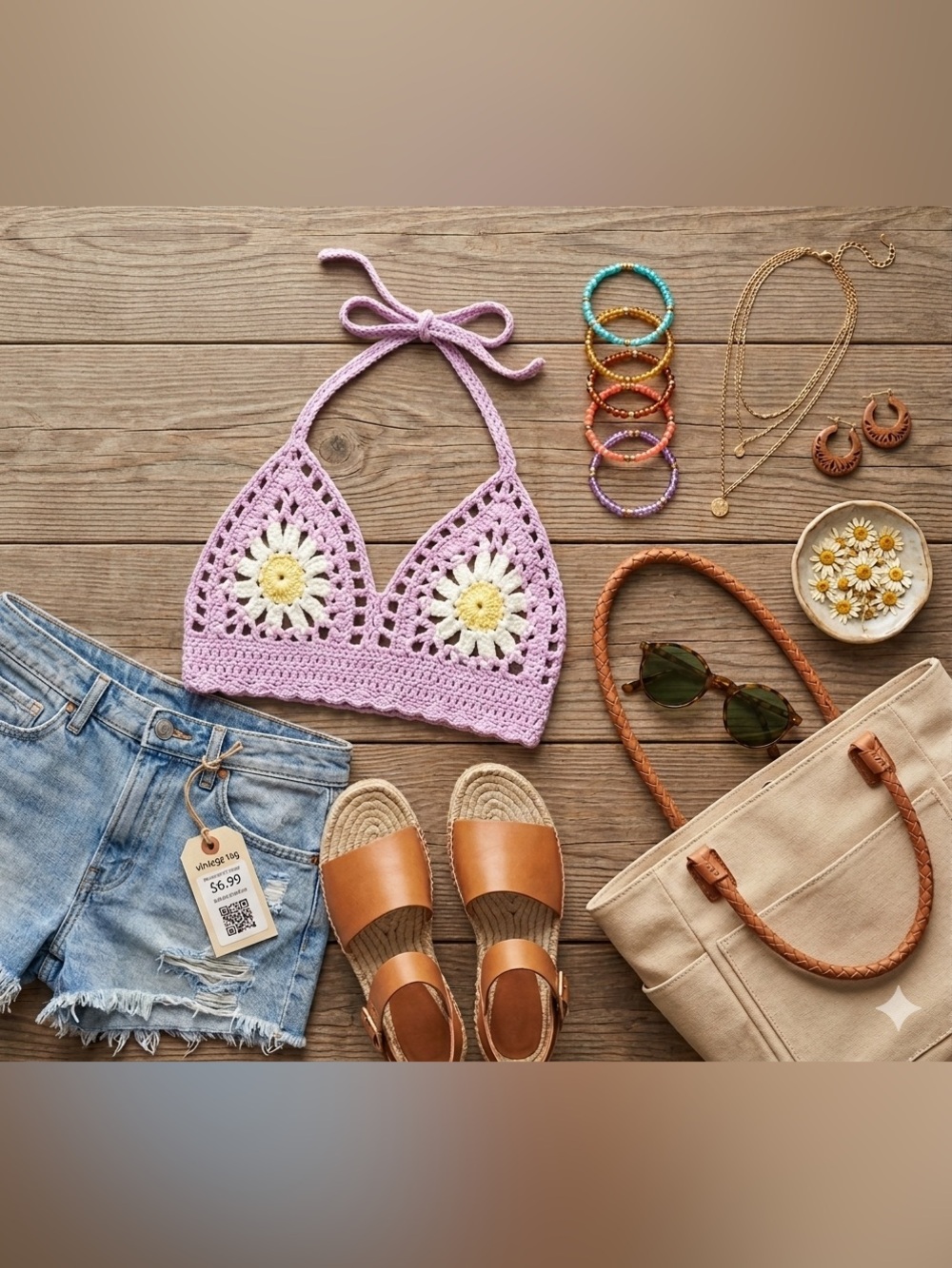 Love Sense Lavender Daisy Crochet Halter Top S